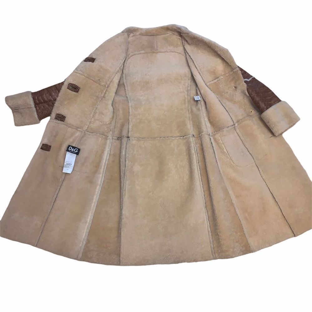 Vintage D&G Dolce & Gabbana Shearling Coat Croc Embossed Leather Brown (400) - Picture 6 of 12